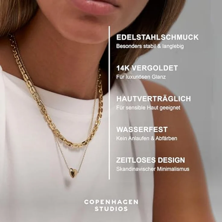 Copenhagen STUDIOS Edgy Necklace, Unisex Halskette aus 14K vergoldetem Edelstahl, gold, verstellbare Länge 45/48/51 cm, wasserfest & hautfreundlich – Bild 3