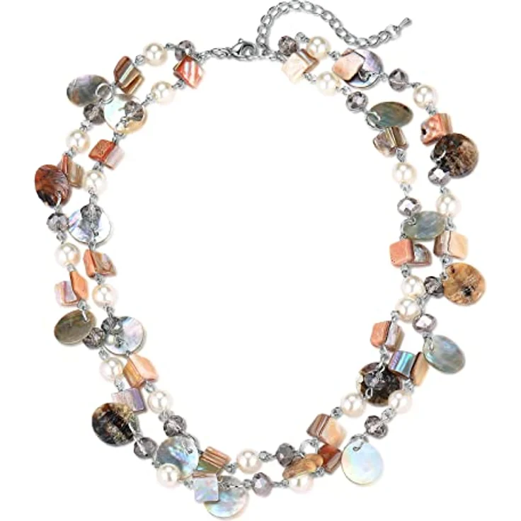 FULU AUTUMN Kristall Perlenkette Boho Muschelkette Damen, 18 Zoll + 2,7 Zoll verlängerbar, Bunte Mehrreihige Halskette aus hochwertigen Materialien, Geschenke für Frauen – Bild 1