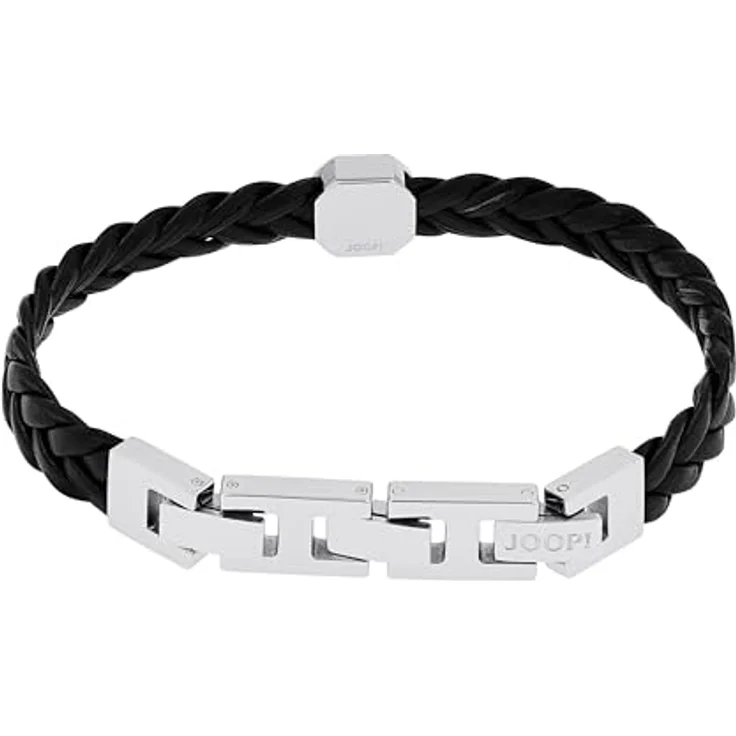 Joop! Herren-Armband Edelstahl mit schwarzem Achteck-Linienstein, 18,5 cm, geflochtenes Rindsleder, Klappverschluss – Bild 4