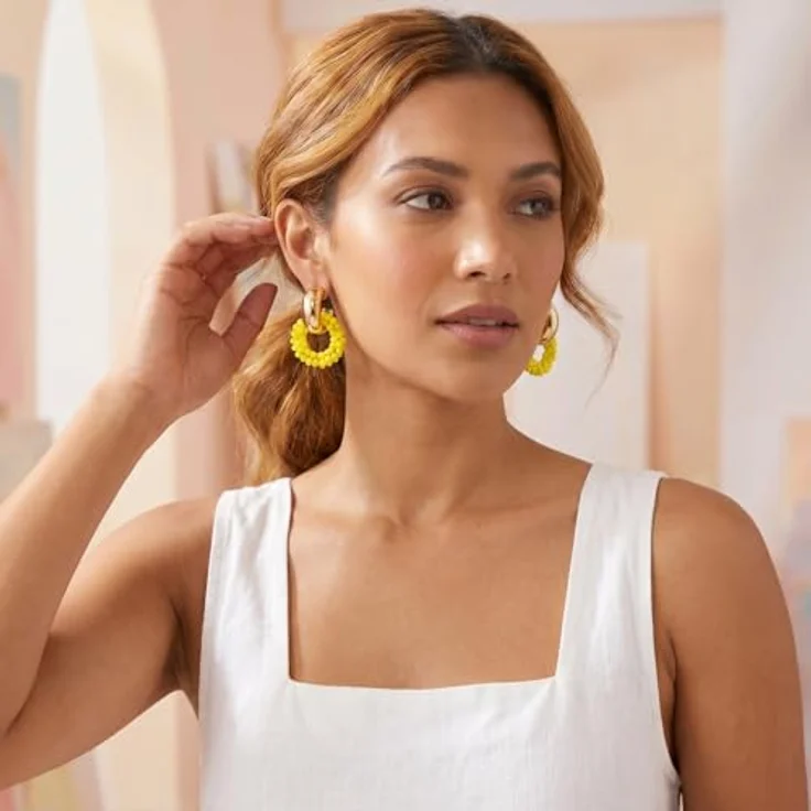 BREPINE Gelb Boho Kreis Ohrringe, handgewebt mit Kristallperlen, hängend, perfekt für Sommer- und Festivalmode – Bild 3