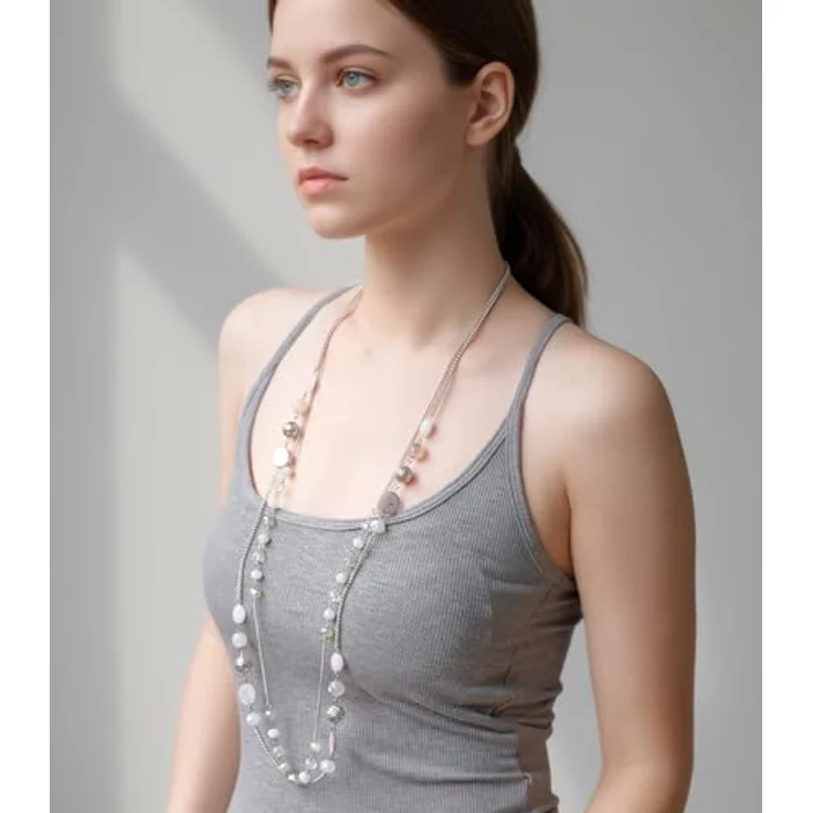 FULU AUTUMN Damen Statement Kette, Lange Perlenkette aus Silber, Zwei Strang Designs mit Kristallperlen und Achatmuscheln, 35 cm + 2,7 cm Verlängerung, Weiß – Bild 4