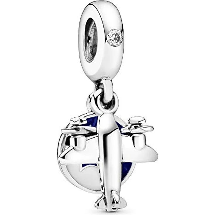 PANDORA Charm Anhänger Flugzeug "Propellerflugzeug" 798027CZ, Sterling-Silber mit blau-glitzernder und weißer Emaille, Gravur "To travel is to live" – Bild 1