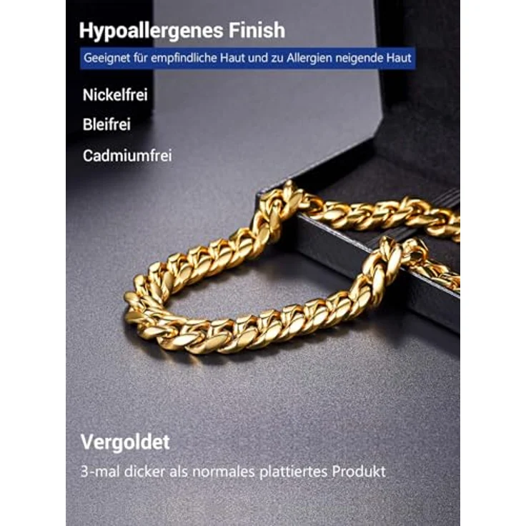 PROSTEEL Herren Hip-Hop Street Style Halskette, 14mm breite 18k vergoldete Panzerkette, 71 cm lang, gold – Bild 2