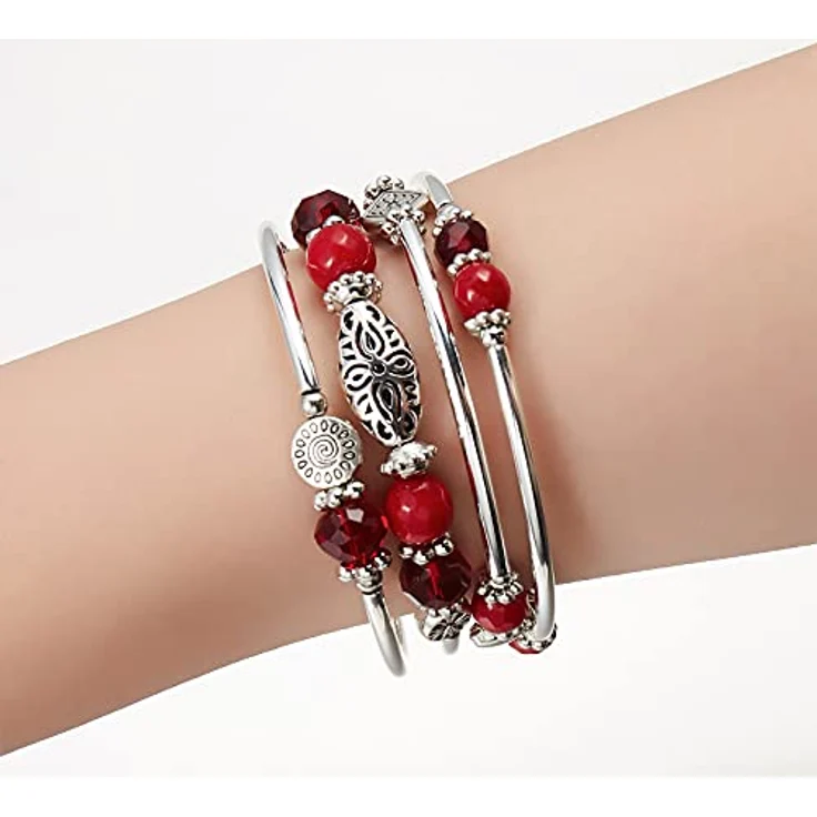 FULU AUTUMN Damen Boho Armband, mehrschichtiges Perlen Silber Wickelarmband, rotes Modeschmuck Geschenk für Geburtstag und Muttertag – Bild 4