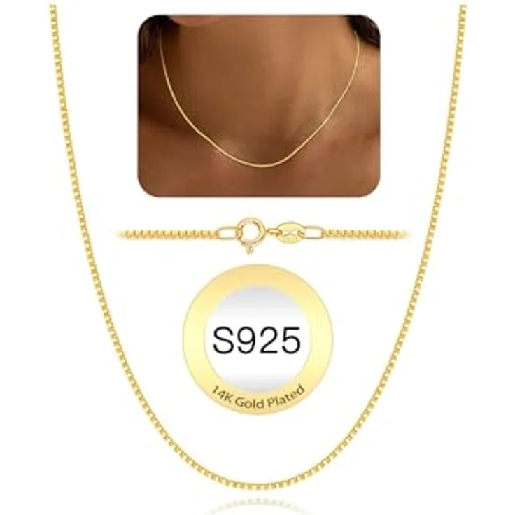 HARJJME Sterlingsilber Kette Damen 925, 1mm dünne Venezianierkette gold/silber, 18 Karat vergoldet, wasserfest, hypoallergen, 40/45/50/55 cm Längen wählbar