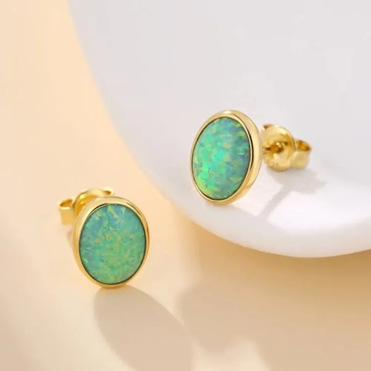 Jiahanzb Opal Ohrringe, 925 Sterling Silber, Ovale Ohrstecker in Grün, Hypoallergen, 7 mm, Vergoldet – Bild 2
