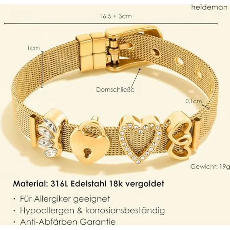Heideman Damen Armband Mesh aus goldfarbenem Edelstahl, verstellbar mit Charms und Zirkonia Stein in Weiß, Geschenkbox enthalten – Bild 5