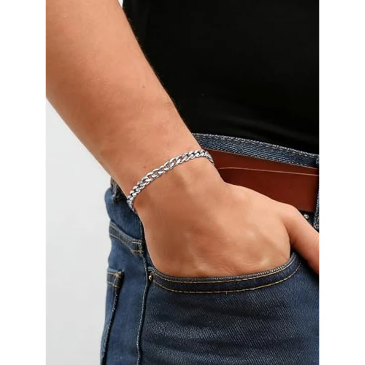 FindChic Herren Armband Silber 5MM Edelstahl Panzerarmkette, 19CM, Kubanisches Design, robust mit 3-facher Galvanisierung – Bild 2