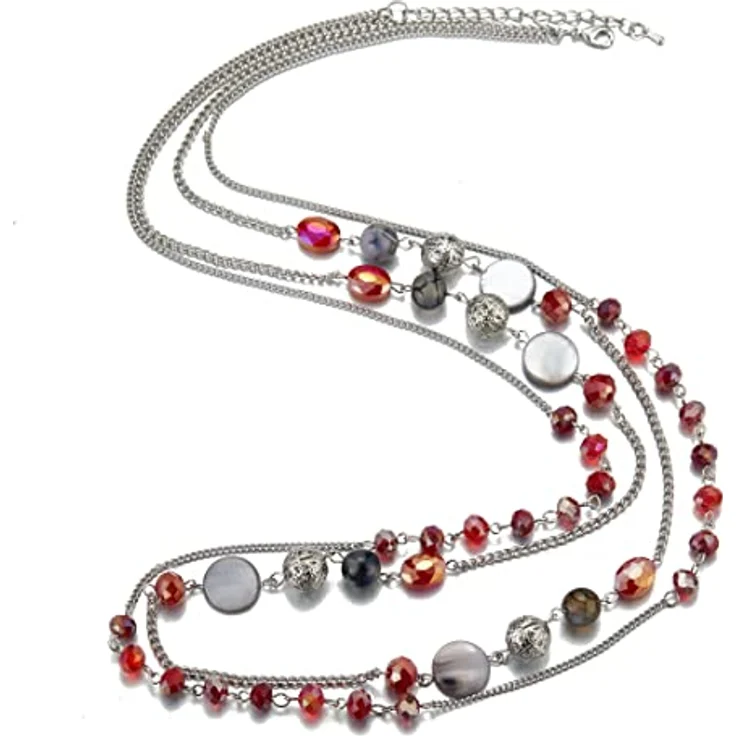 FULU AUTUMN Damen Statement Kette, Lange Perlenkette mit Kristall und Achatmuscheln, Silber, 35 cm + 2,7 cm Verlängerung, ideales Geschenk für Frauen (Rot) – Bild 2