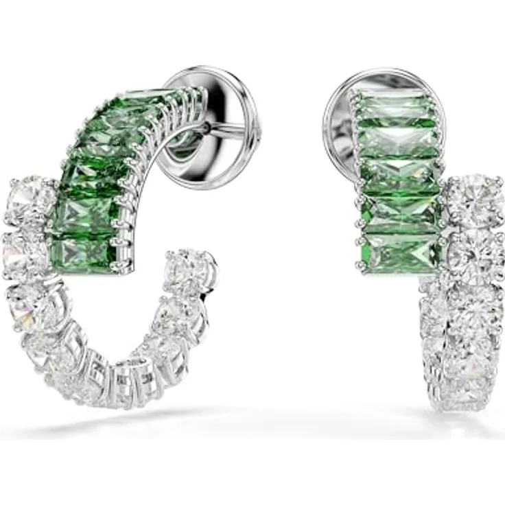 Swarovski Matrix Kreolen, Rhodinierte Ohrringe mit Klarem und Grünem Swarovski Zirkonia im Rund- und Baguette-Schliff, 2.3 x 1 cm