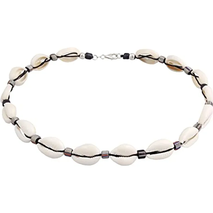 Kuzzoi Buddha Herren Kauri Muschel Halskette, Surfer Kette mit 925er Silber Beads und indonesischen Glasperlen, Länge ca. 42 cm