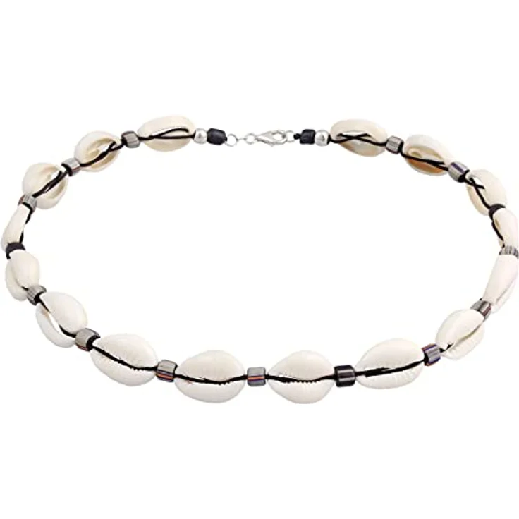 Kuzzoi Buddha Herren Kauri Muschel Halskette, Surfer Kette mit 925er Silber Beads und indonesischen Glasperlen, Länge ca. 42 cm – Bild 1