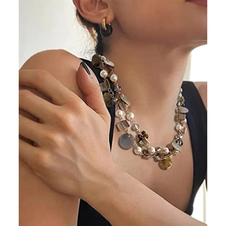 FULU AUTUMN Kristall Perlenkette Boho Muschelkette Damen, 18 Zoll + 2,7 Zoll verlängerbar, Bunte Mehrreihige Halskette aus hochwertigen Materialien, Geschenke für Frauen – Bild 3