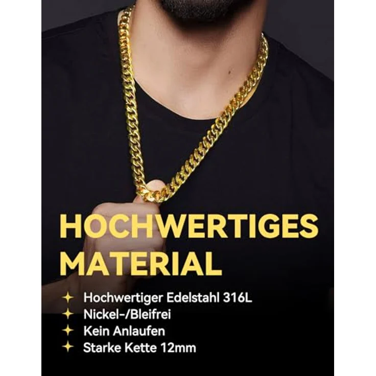 ChainsHouse Damen Halskette 12mm Goldene Panzerkette aus Edelstahl, 55cm, vergoldet, antiallergen, mit Karabinerverschluss – Bild 3