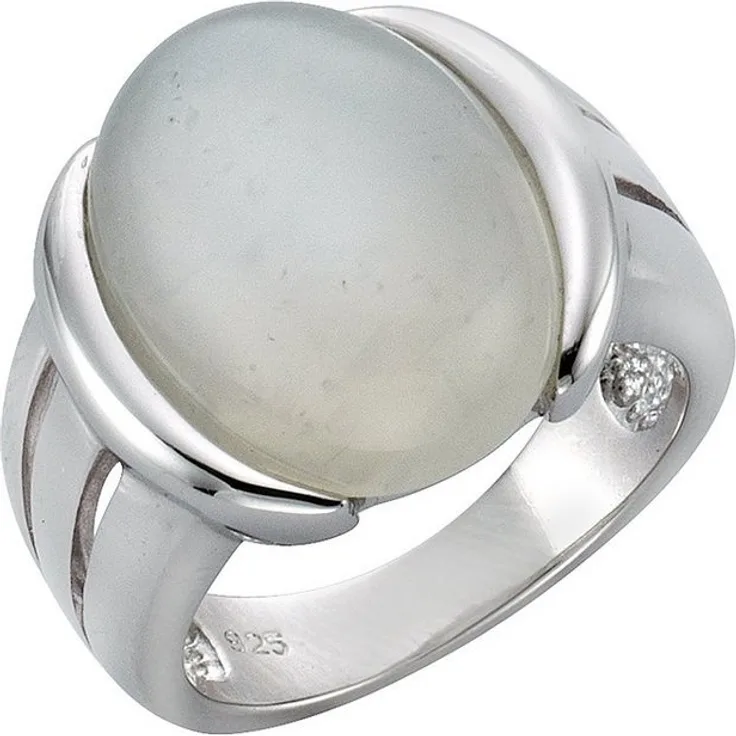 Zeeme Fingerring Silber 925 rhodiniert mit echtem Mondstein 16x12mm, weiß