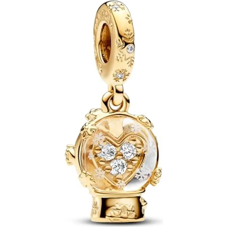 PANDORA Moments Herz Schneeflocke Schneekugel Charm-Anhänger aus Sterling Silber mit vergoldeter Metalllegierung und Zirkonia, kompatibel mit Moments Armbändern, 762825C01