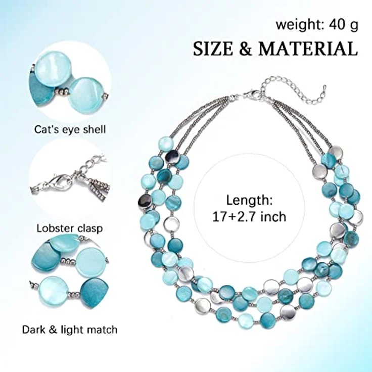 FULU AUTUMN Damen Statement Kette Mehrreihig mit Muschel- und Silberperlen, Boho-Stil, 17 Zoll + 2,7 Zoll Verlängerung, 30-Sea green – Bild 4