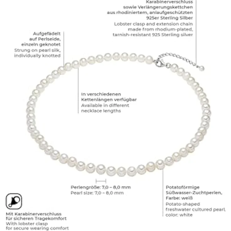 Valero Pearls Damen Perlenhalskette, Süßwasser-Zuchtperlen 7-8 mm Weiß, potatoförmig, 925/- Sterling Silber, in Schmuckbox – Bild 2