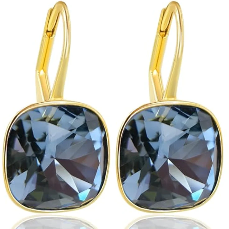 Nobel Schmuck Ohrringe Denim Blue, 925 Sterling Silber vergoldet mit SW Kristallen, minimalistisch kurz mit Klappverschluss – Bild 1