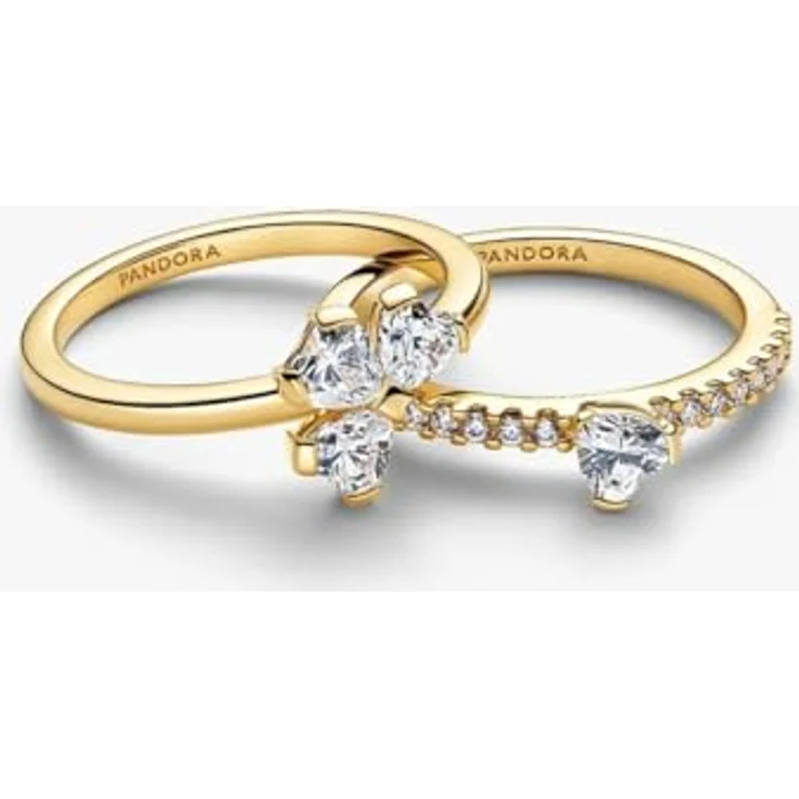 PANDORA Glücksklee Ring Set, 2er Damen Ringe in 14 Karat Vergoldung mit Cubic Zirkonia, herzförmige Steine, stapelbar, Größe: 54, 164507C01-54 – Bild 2