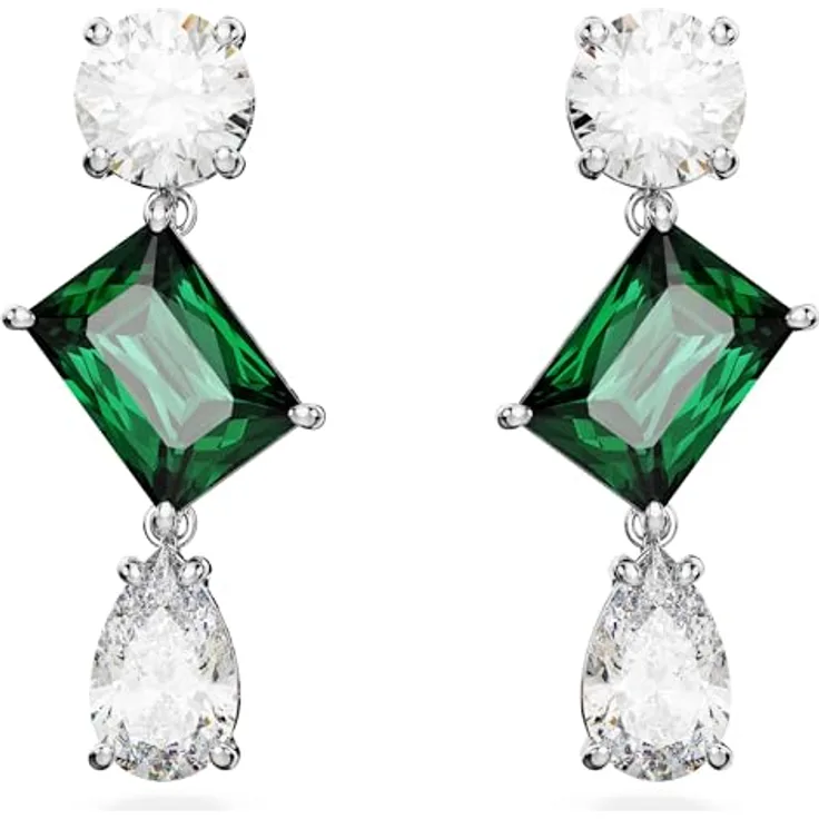 Swarovski Mesmera Drop-Ohrhänger, Grüne und Rhodinierte Hängeohrringe mit Swarovski Kristallen im Oktagon-Treppenschliff