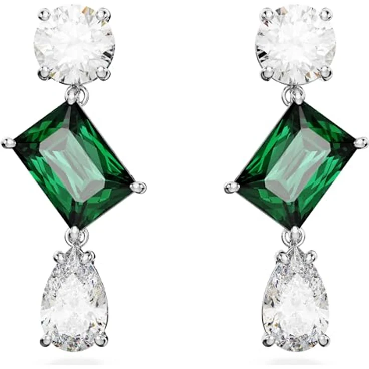 Swarovski Mesmera Drop-Ohrhänger, Grüne und Rhodinierte Hängeohrringe mit Swarovski Kristallen im Oktagon-Treppenschliff – Bild 1
