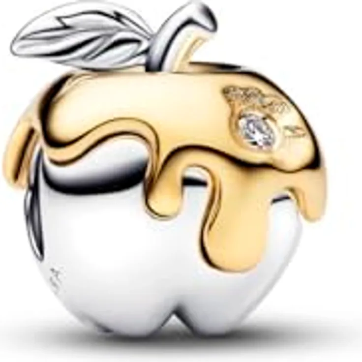 PANDORA Charm Disney Schneewittchen, vergifteter Apfel Anhänger aus 925 Sterling Silber mit 14 Karat Vergoldung und 0.012 ct Labor Diamant, kompatibel mit Moments, 764384C01