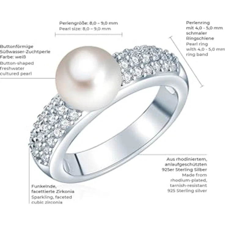 Valero Pearls Damen-Ring mit weißen Süßwasser-Zuchtperlen 8-9 mm, 925 Sterling Silber, Zirkonia, glamouröses Design, Geschenkbox – Bild 2