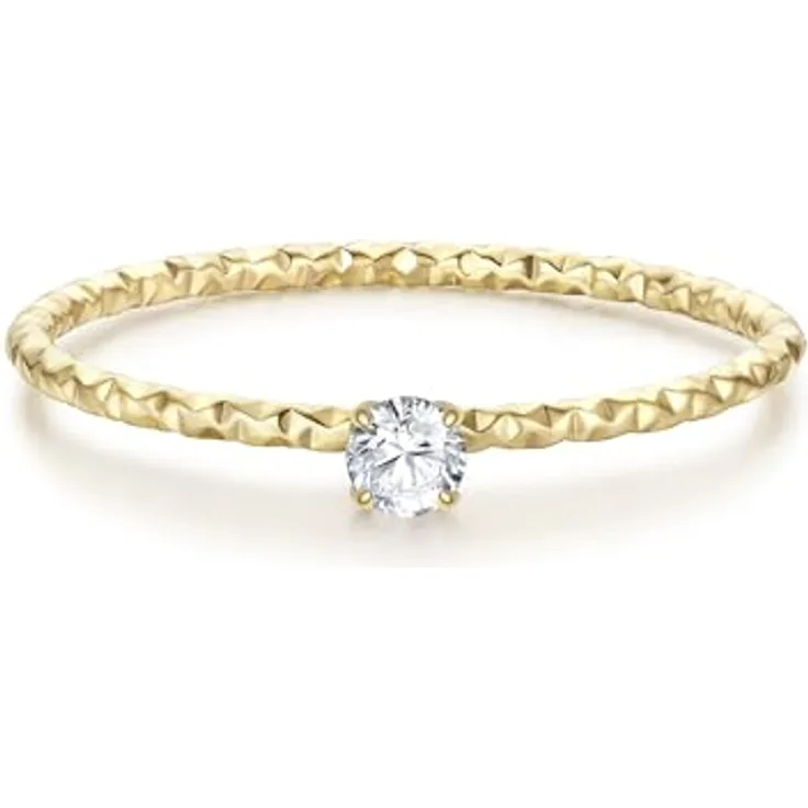 Eastside Damen Solitärring aus gelbvergoldetem Edelstahl 14 Karat mit weißen Zirkonia, Hammerschlag-Optik