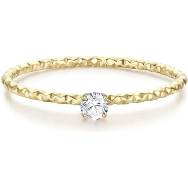 Eastside Damen Solitärring aus gelbvergoldetem Edelstahl 14 Karat mit weißen Zirkonia, Hammerschlag-Optik – Bild 1