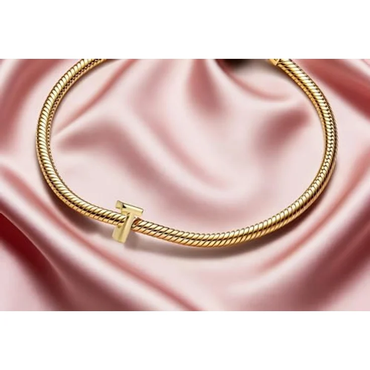 WEIMU Buchstaben Charms Gold Charms Anhänger aus 925 Silber, kompatibel mit europäischen Armbändern und Halsketten für Frauen (Gold T) – Bild 2