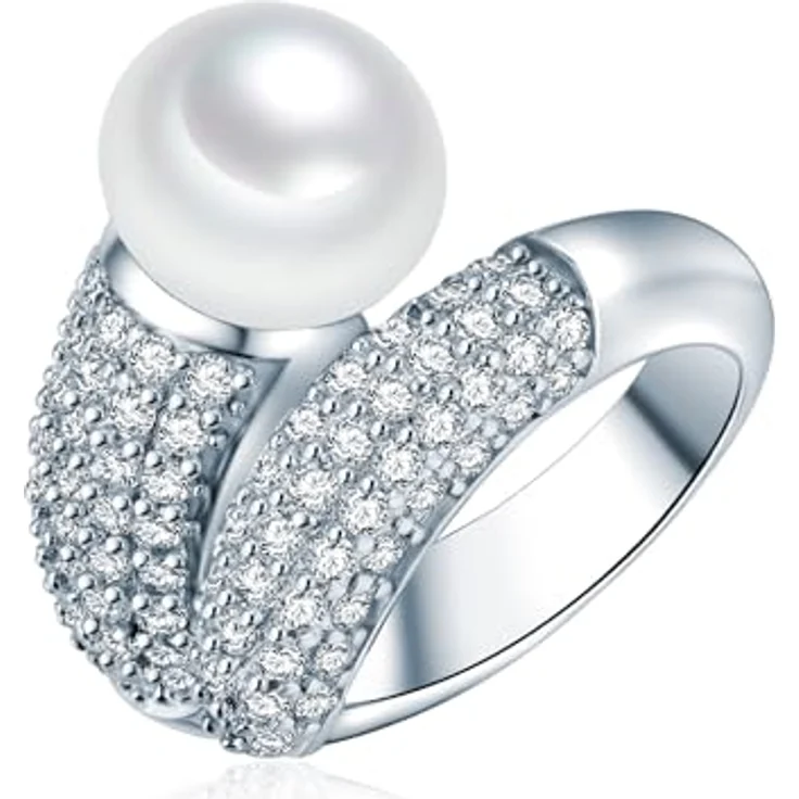 Valero Pearls Damen-Ring mit 10 mm weißen Süßwasser-Zuchtperlen, 925 Sterling Silber, Zirkonia - Glamouröser Cocktailring – Bild 1