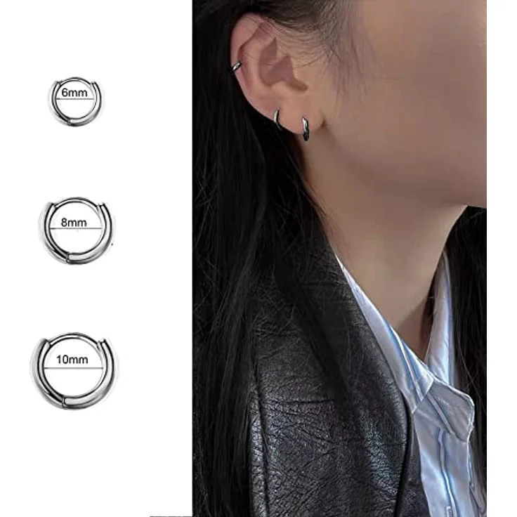 GMEDRIDAS Creolen Silber 925 Klein Set für Damen - 3 Paar Helix Piercings Schwarz in 8mm, 10mm und 12mm, hypoallergen und nickelfrei – Bild 4
