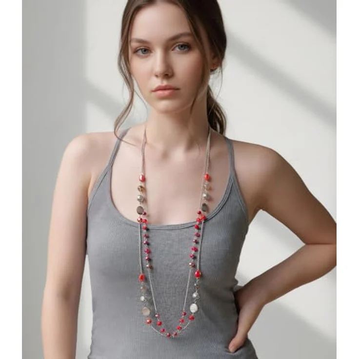 FULU AUTUMN Damen Statement Kette, Lange Perlenkette mit Kristall und Achatmuscheln, Silber, 35 cm + 2,7 cm Verlängerung, ideales Geschenk für Frauen (Rot) – Bild 3