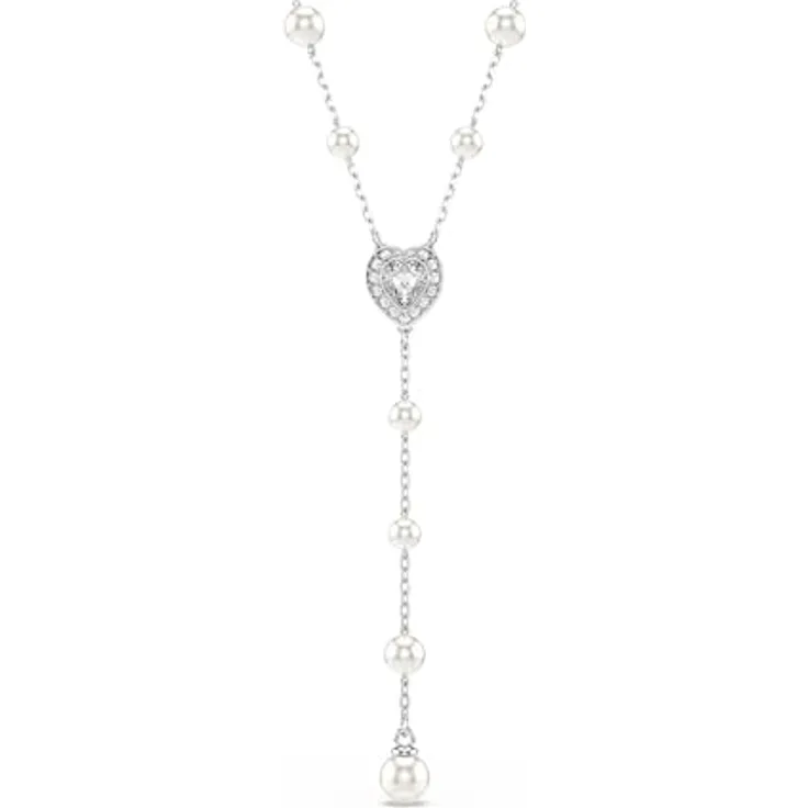 Swarovski Ariana Grande x Y-Halskette, Rhodinierte Damenhalskette mit Kristallperlen und Herz-Motiv in Klarem Pavé, Länge: 38-48 cm, Motivgröße: 1 x 1 cm