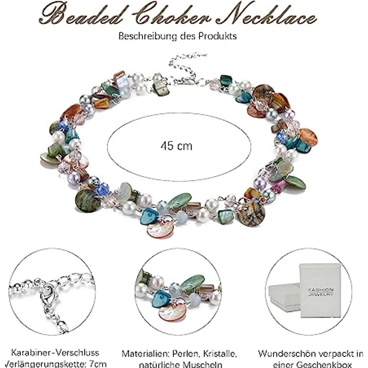 FULU AUTUMN Kristall Perlenkette Boho Muschelkette, Mehrreihig, 18 Zoll + 2,7 Zoll Verlängerung, Bunte Halskette für Damen – Bild 4