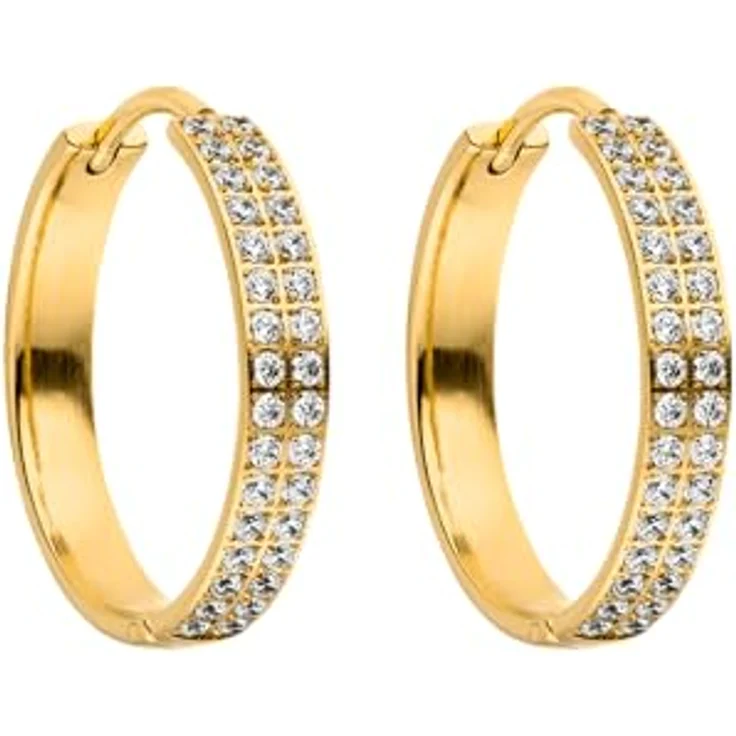 Purelei City Lights Creolen Ohrringe Damen, Edelstahl 18K vergoldet mit Zirkonia, wasserfest, Durchmesser 24,8 mm, glänzend und elegant – Bild 1