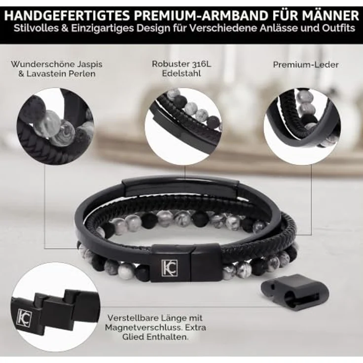KC Premium Männer Lederarmband mit Lavastein Jasper Perlen, Handgemacht mit inspirierender Gravur, Größenverstellbar mit Magnetverschluss Edelstahl, Lieferung in Geschenk Schmuckbox (Silber Grau Schwarz) – Bild 3