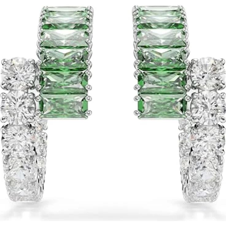 Swarovski Matrix Kreolen, Rhodinierte Ohrringe mit Klarem und Grünem Swarovski Zirkonia im Rund- und Baguette-Schliff, 2.3 x 1 cm – Bild 2