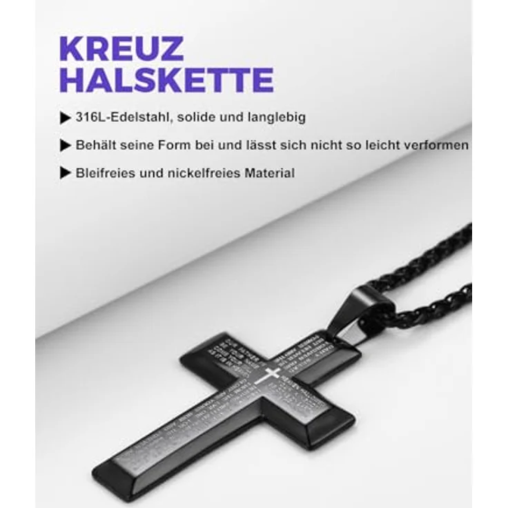 Richsteel Kreuz Kette Herren, Edelstahl Halskette mit verstellbarem 55+5 cm Kettenanhänger, Silber/Gold/Schwarz, personalisierbar, christliches Schmuckstück – Bild 2