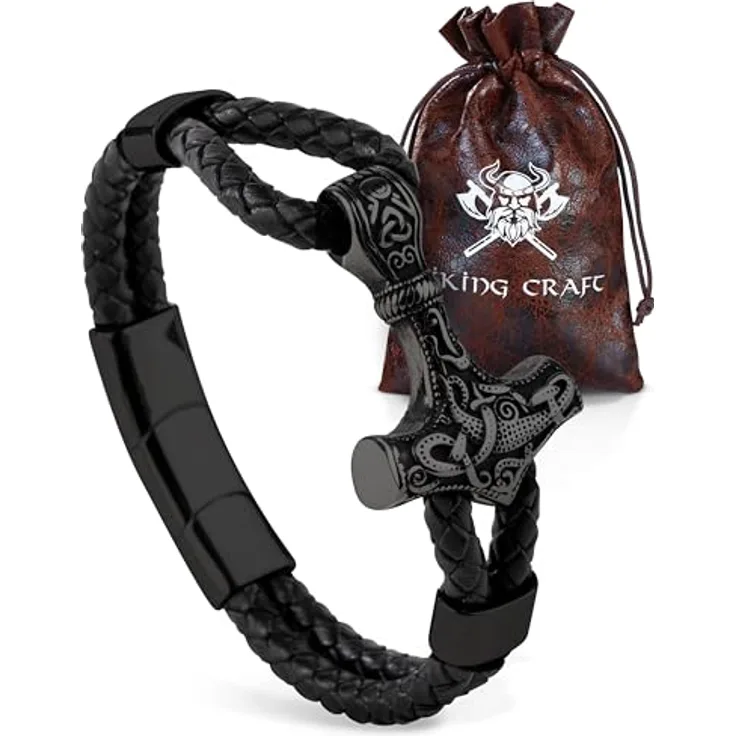 VIKING CRAFT Thor Lederarmband Mjölnir, 21 cm, schwarzes Wikinger Schmuck für Herren aus Leder und Edelstahl