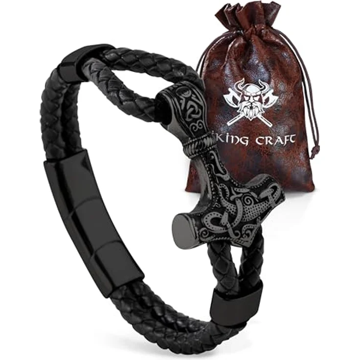 VIKING CRAFT Thor Lederarmband Mjölnir, 21 cm, schwarzes Wikinger Schmuck für Herren aus Leder und Edelstahl – Bild 1