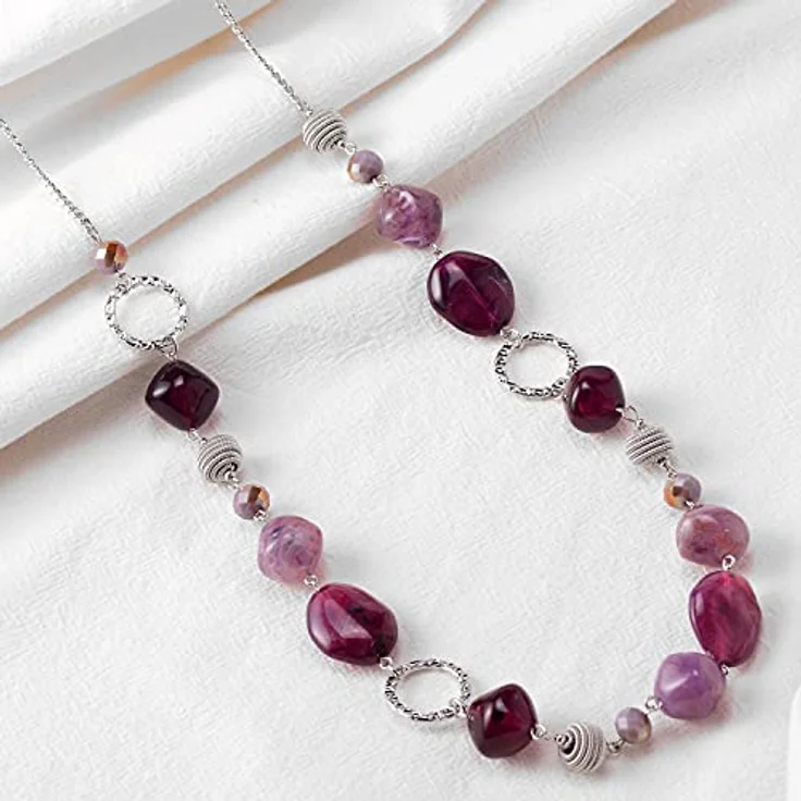 Bulinlin Silber Perlen Lange Kette für Damen, Boho Statement Chain, 35+3 Zoll, versilbert, elegantes Geschenkmotiv – Bild 4