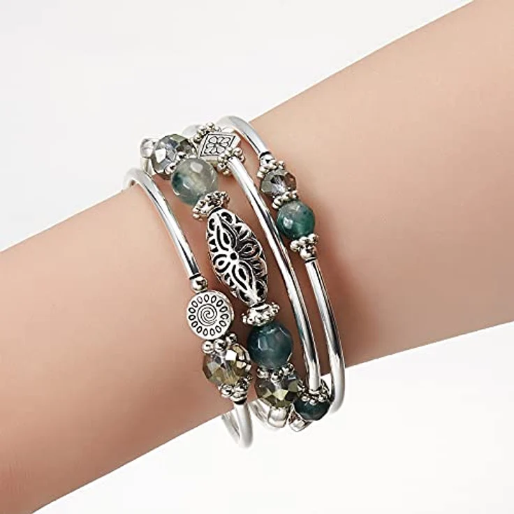 FULU AUTUMN Damen Boho Armband, mehrschichtiges Perlen Wickelarmband aus versilberter Legierung, Modeschmuck in Grün, Geschenkidee für Geburtstag und Muttertag – Bild 3