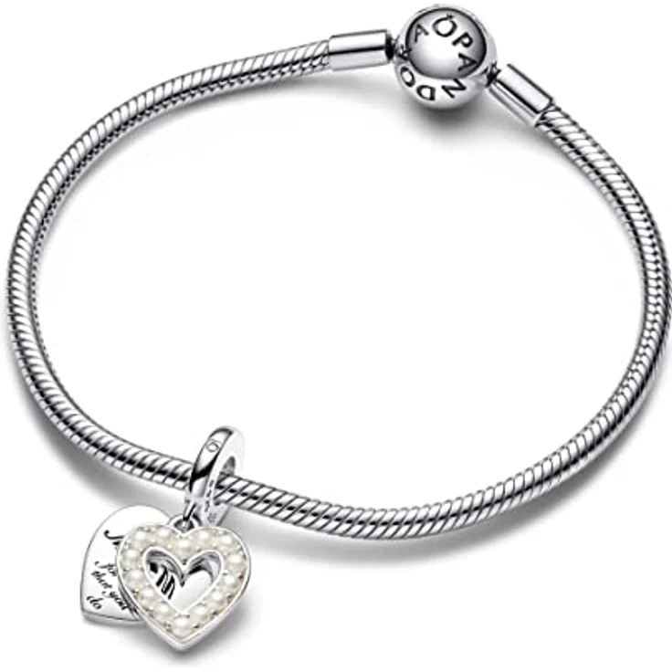 PANDORA Moments Perlmuttweißes Herz Doppelter Charm-Anhänger aus Sterling Silber, mit Gravur "Thanks MUM for all that you do" und künstlichen Perlmutt-Steinen, kompatibel mit Moments Armbändern, 792649C01 – Bild 3