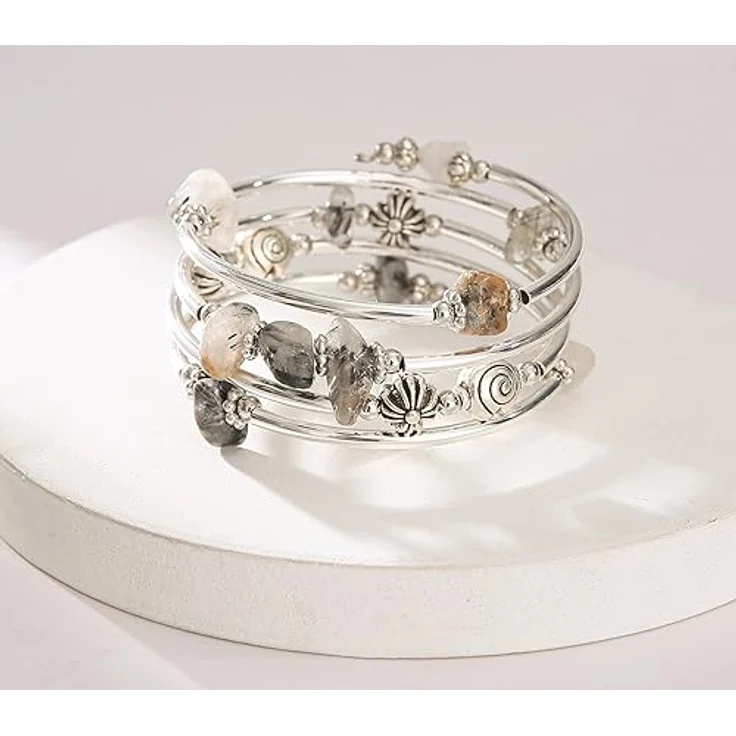 FULU AUTUMN Damen Boho Armband mit mehrlagigen Perlen aus Silber, Wickelarmband aus Natursteinen, Geschenkbox, grau – Bild 2