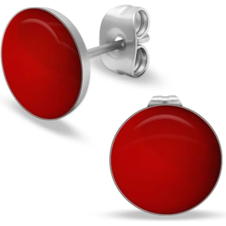 Soul-Cats Runde Ohrstecker Ohrringe, Edelstahl glänzend, 10mm, rot, für Frauen und Mädchen