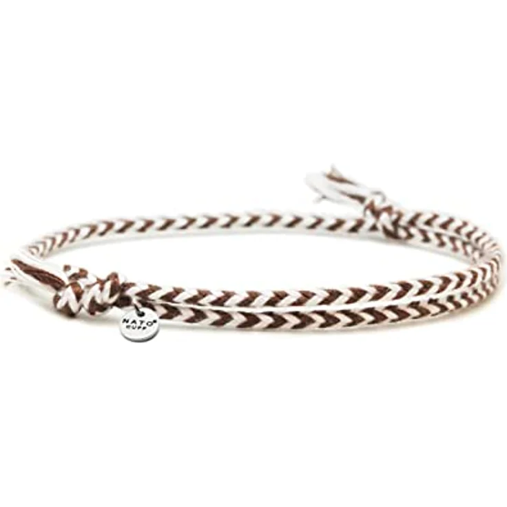 Nato Cuff Geflochtenes Baumwollarmband, Handgefertigt in Frankreich, Edelstahlmedaille 316L, Verstellbares Juwel für Herren und Damen, Braun-Weiss – Bild 1