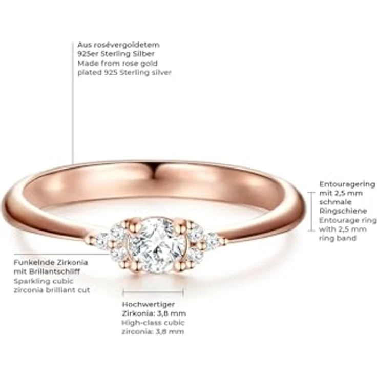 Trilani Damen-Ring Verlobungsring, rosévergoldet aus Sterling Silber mit Zirkonia in Brilliant-Schliff, Solitär-Ring für Hochzeit und Trauring – Bild 2