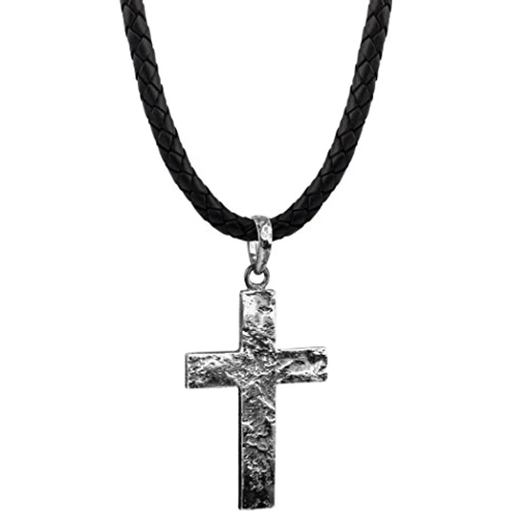 Kuzzoi Männer Lederhalskette mit Kreuz Anhänger aus 925 Sterling Silber, geflochtenes Rinderleder in schwarz, 5,5mm dick, Kettenlängen 50 cm und 55 cm, Modell ZOI-001-50 – Bild 1
